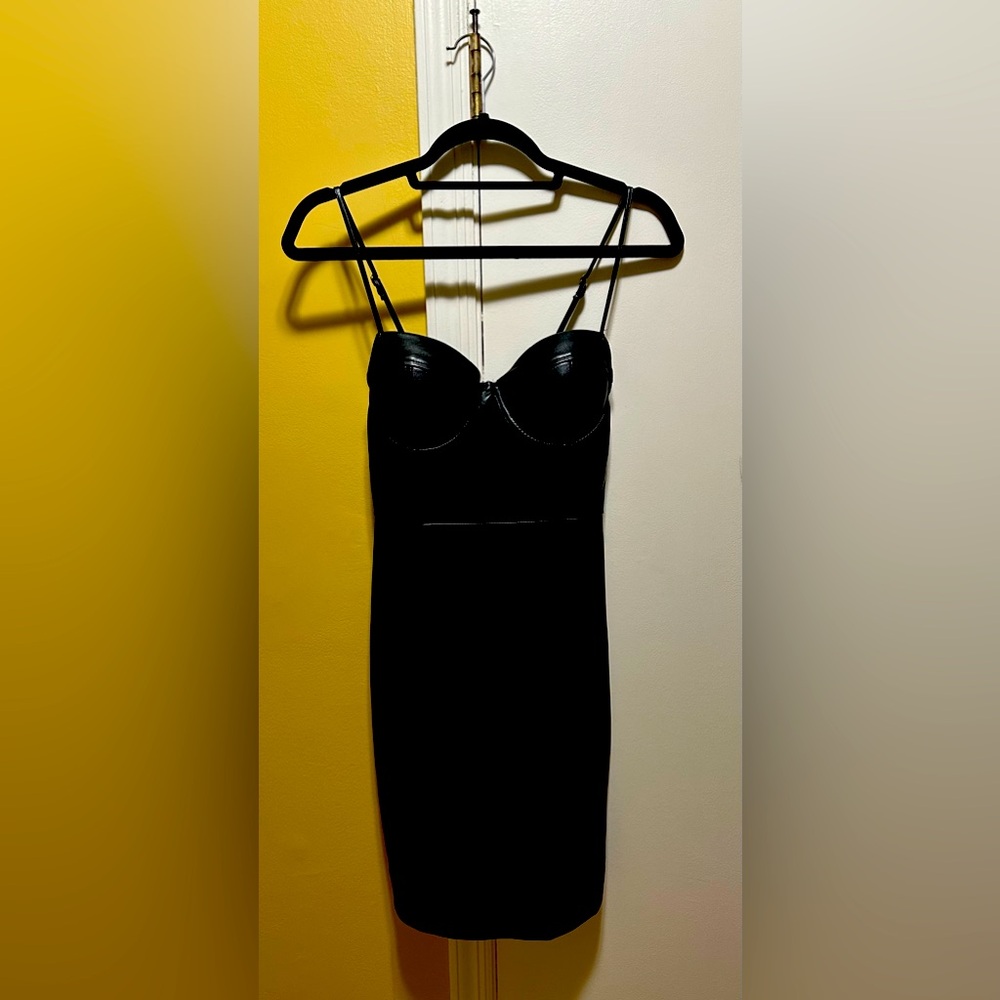 HAUTE MONDE FAUX LEATHER BLACK CORSET SPAGHETTI STRAP BODYCON DRESS (S)